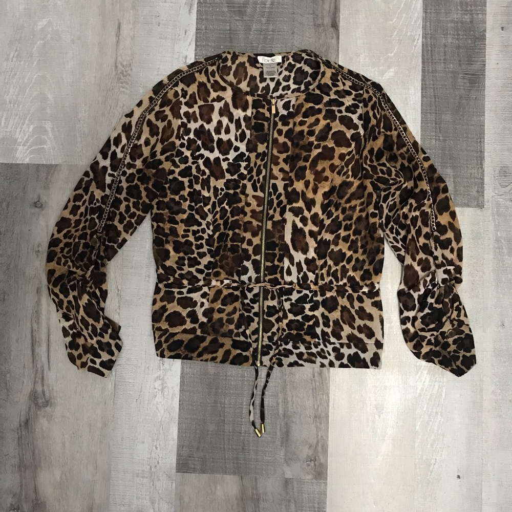 Caché Sheer Zip Front Print Drawstring Blouse